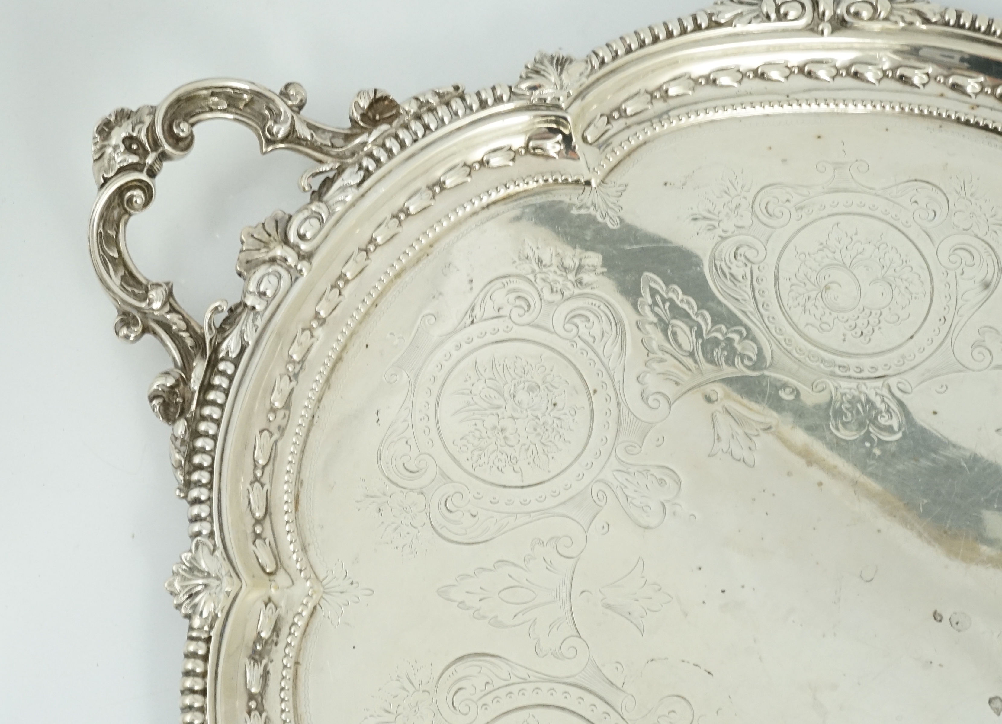 A large Victorian silver oval two handled tea tray, by Hawksworth, Eyre & Co